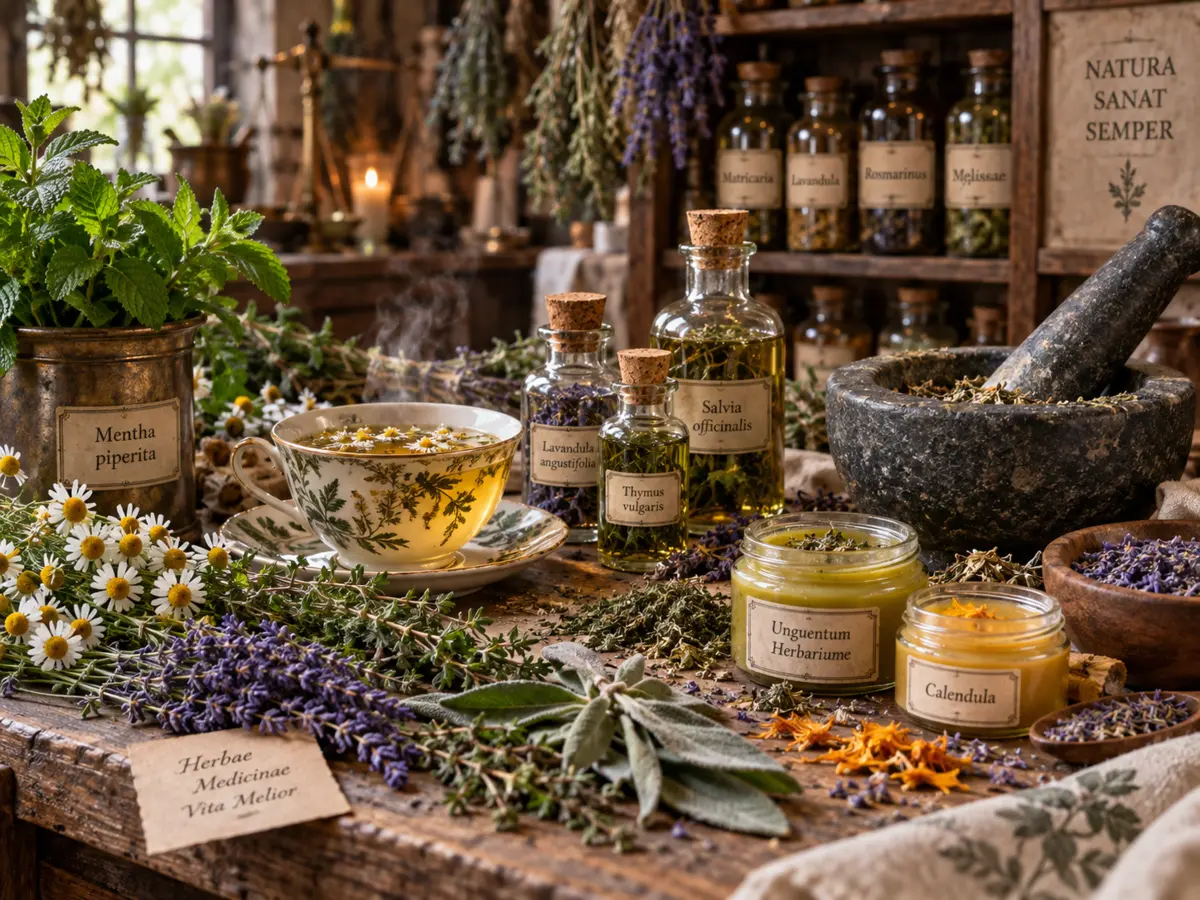 Tee, Kräuteröle, Salben und ein Mörser in einer alten Kräuterapotheke.